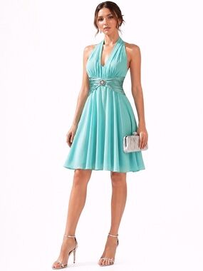 Maggy London Teal Silk Halter Midi Dress Open Back Size 8 Petite